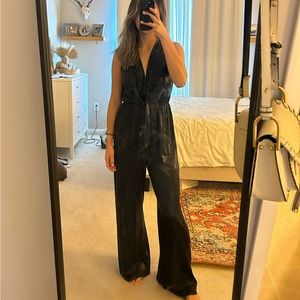 Mink pink black shimmery deep v jumpsuit